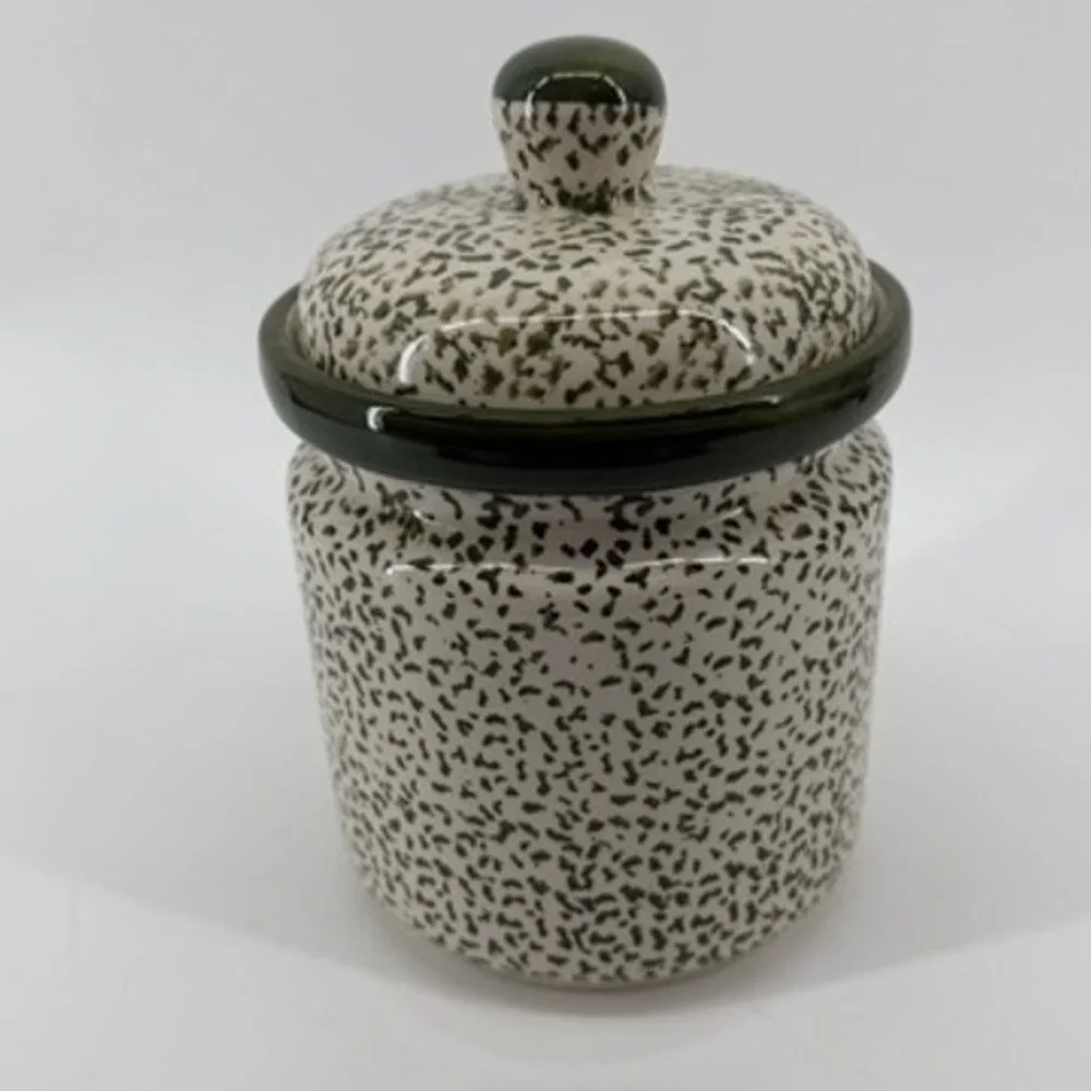 Stoneware Snowman Christmas Cookie Jar Green Spongeware Holiday Canister 7.5in